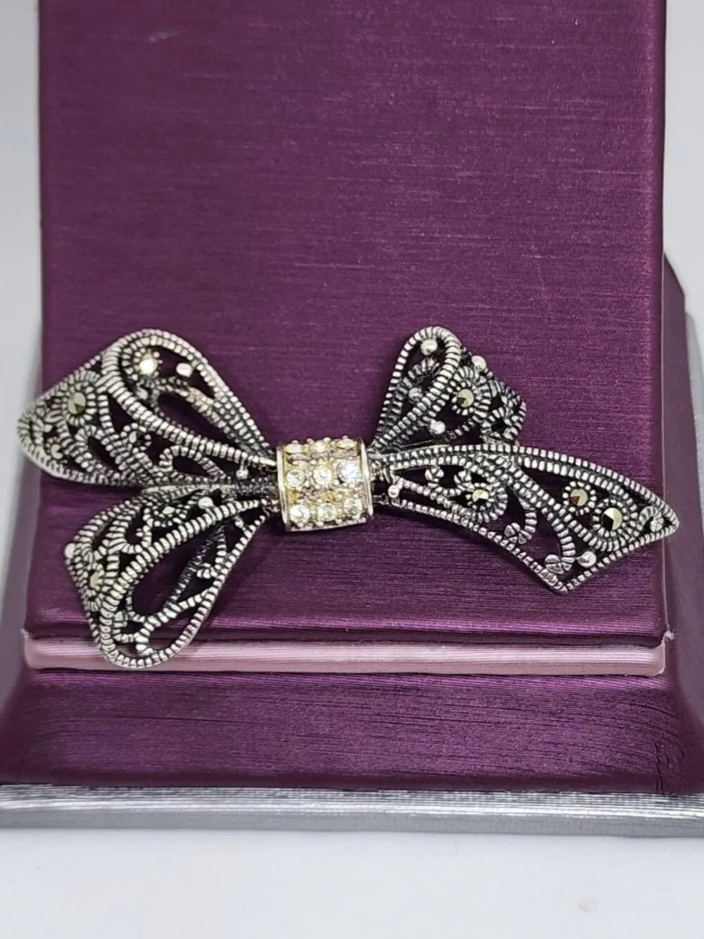 Vintage Sterling Silver Rhinestone and Marcasite Accent Bow Pin Brooch